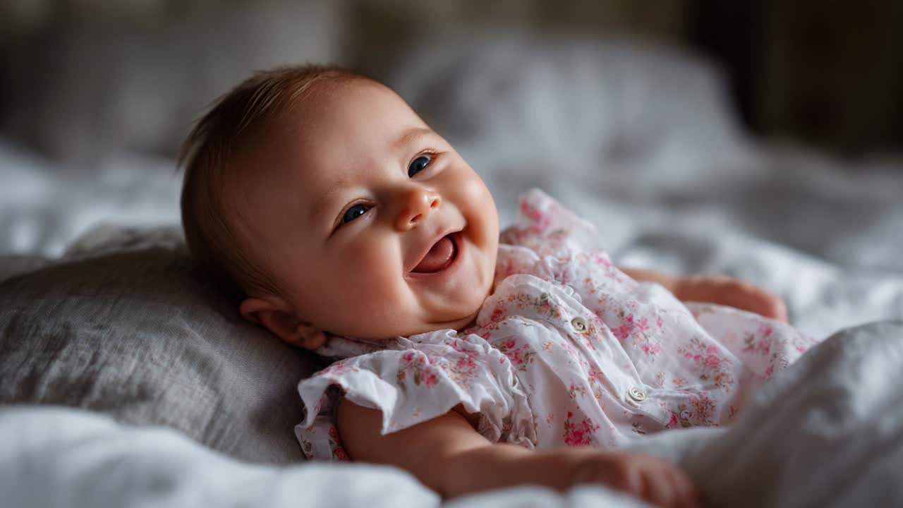 A Delightful Baby Smiling Adorably While Lying on a Cozy Bed of Soft Pillows and Blankets, Radiating Joy and Innocence, Captured in a Beautifully Lit Setting Perfect for Baby Photography