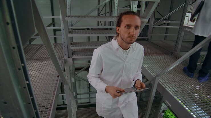 Forskere, mænd og kvinder, arbejder og bevæger sig gennem korridorerne på en moderne metalfarm til dyrkning af grøntsager og urter, hvor de undersøger hylderne med grønne planter og indtaster data i computeren.