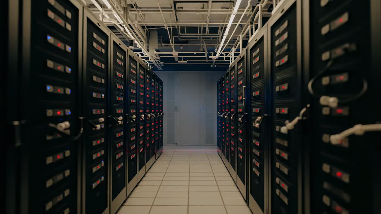 Moving camera revealing server aisle lighting up in data center, with blinking lights and cables