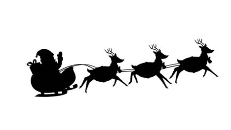 Digital-animation-of-black-silhouette-of-santa-claus-in-sleigh-being-pulled-by-reindeers