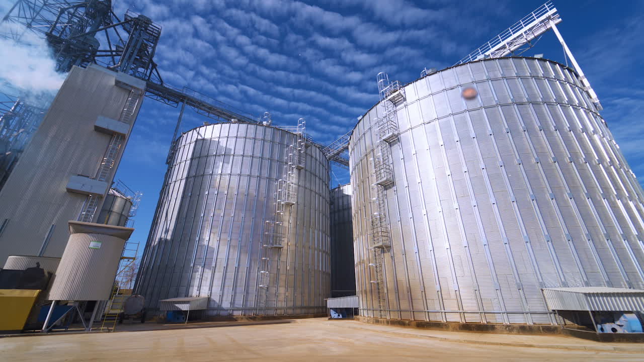 Large Grain Bins. Modern Granary elevator. Agribusiness.