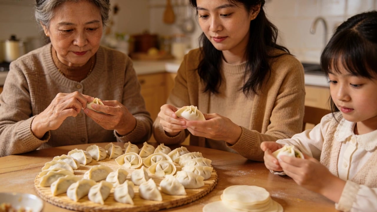 食事用の皮に促され、家族3人組が自宅のテーブルで編み込みのトレイの上で餃子を形作っている。