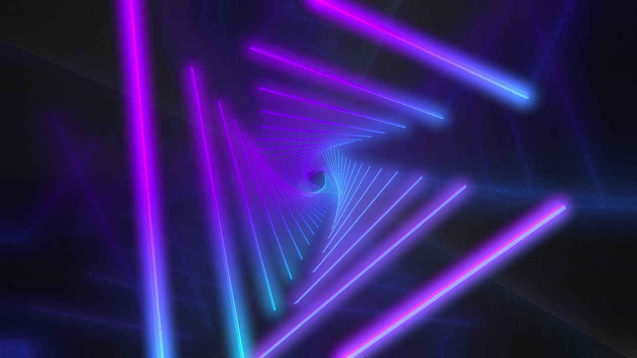volo astratto in corridoio futuristico con triangoli, anello senza cuciture sfondo 4k, luce ultravioletta fluorescente, linee di neon laser colorate, tunnel geometrico infinito, spettro rosa blu,
