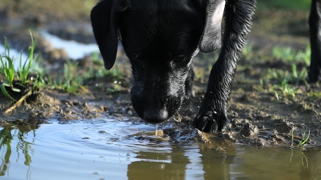 labrador-collie negro bebiendo agua de un charco fangoso en un campo húmedo en algún lugar de la campiña irlandesa