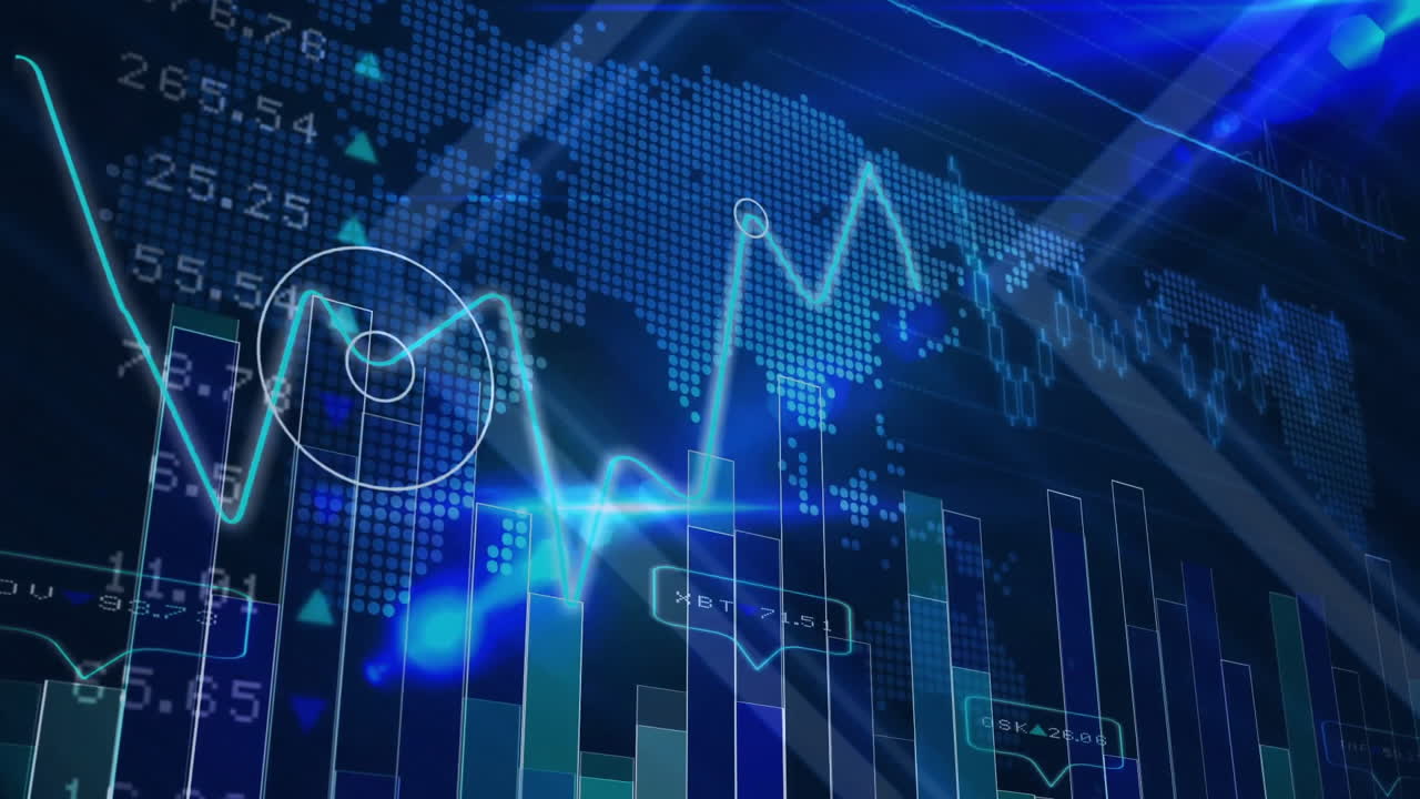 animazione dell'elaborazione dei dati finanziari sulla mappa del mondo