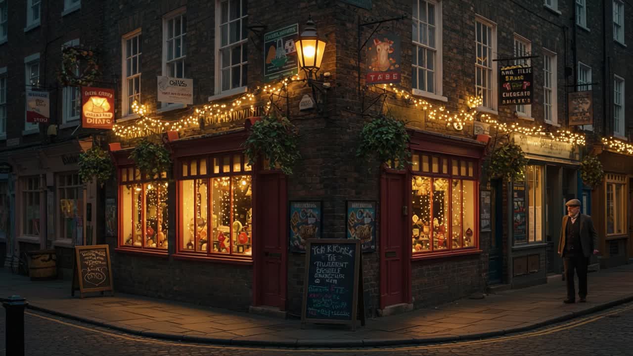 Charming Festive Corner in a Historic Street, Adorned with Twinkling Lights and Holiday Decorations, Inviting Passersby to Experience the Holiday Spirit