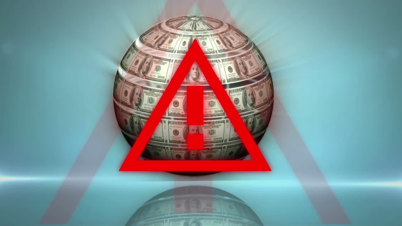 animación de un cartel de advertencia rojo sobre un globo hecho de billetes de dólar estadounidense girando.