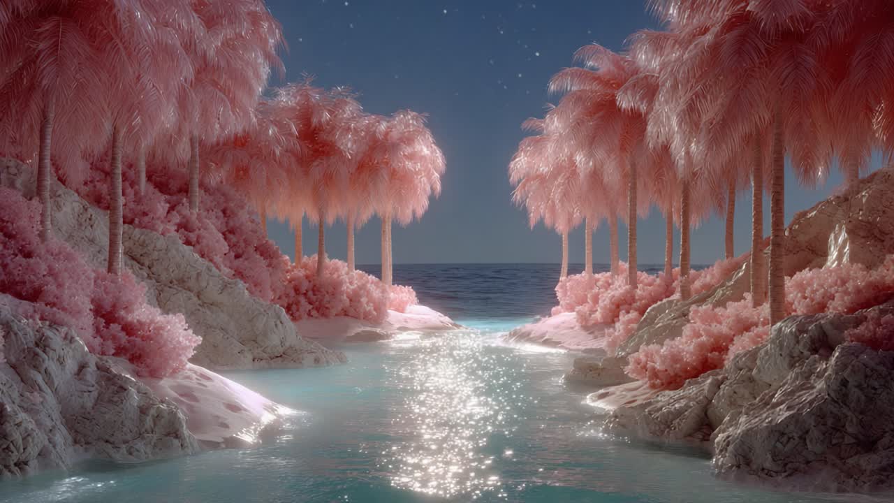 A Serene Tropical Oasis with Pink Palms and Shimmering Waters Under a Starry Sky, Inviting Tranquility and Peaceful Reflection in a Dreamlike Setting