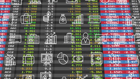 financial data and stock market icons animation over spreadsheet with numbers