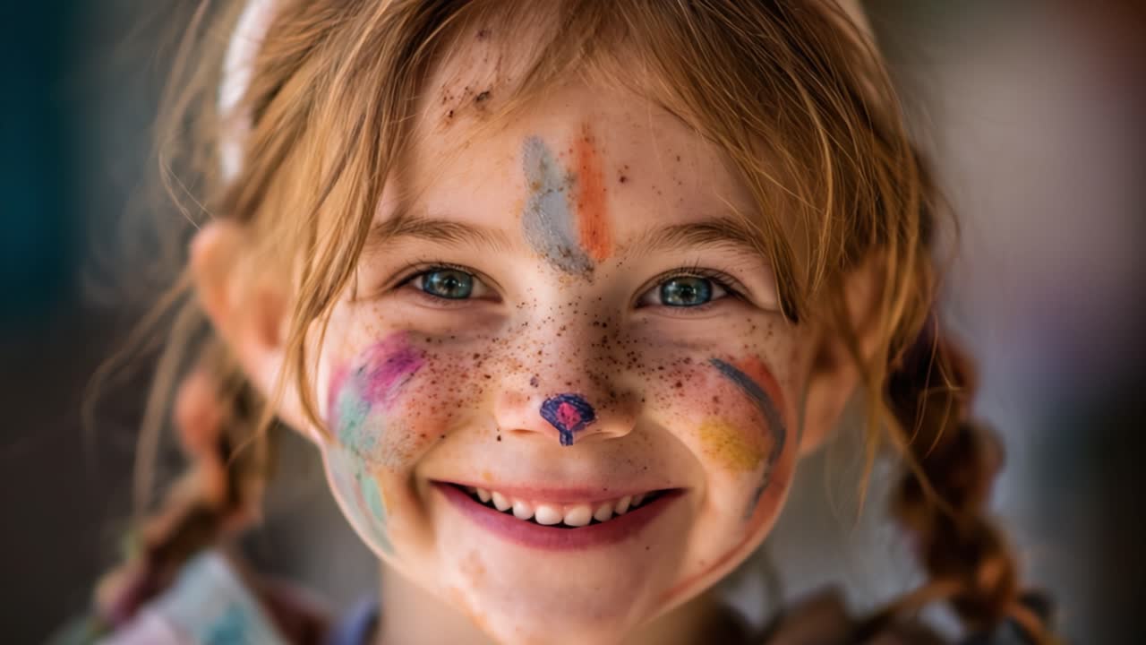 Ein engelsgleiches Kind mit farbenfroher Gesichtsbemalung: Ein fesselndes Porträt von fröhlichem Ausdruck und spielerischer Unschuld.