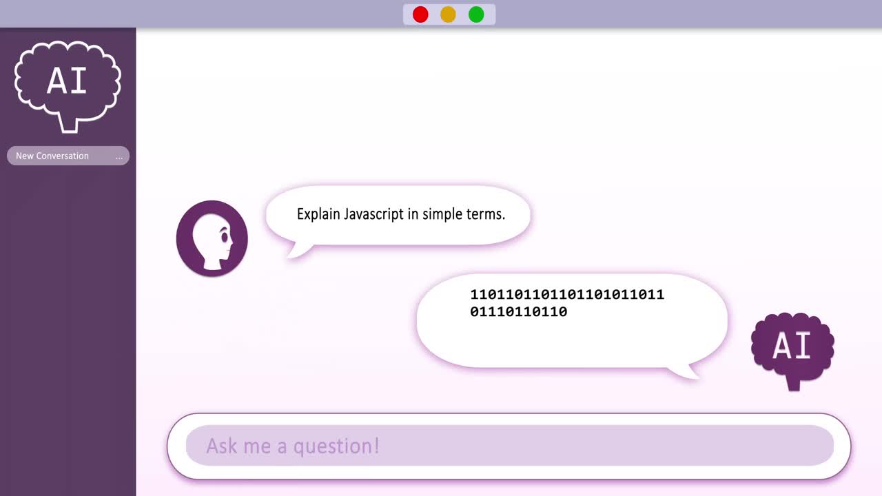 Animation of ai bot conversation and binary coding on speech bubbles