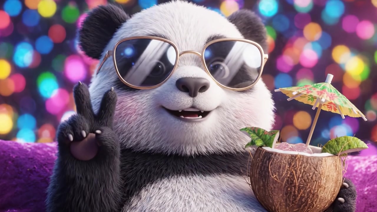 Panda allegro che si gode una bevanda tropicale su uno sfondo colorato, che irradia divertimento e gioia con occhiali da sole e un gesto di pace