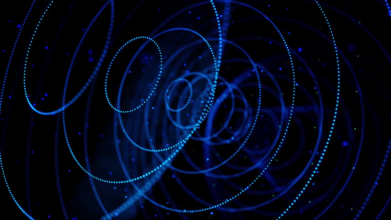 Abstract glowing dots forming tunnel of blue circles. Animation. 3D circles of small particles moving one by one on black background, seamless loop