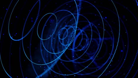 puntos brillantes abstractos que forman un túnel de círculos azules. animación. círculos 3d de pequeñas partículas moviéndose uno por uno en fondo negro, bucle sin costuras