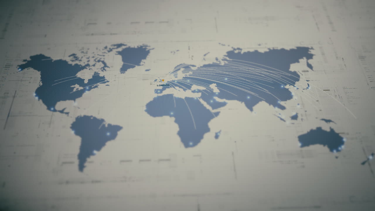 Kort over globalt forretningsnetværk med glødende dataforbindelser, verdensomspændende forbindelse, logistikruter, sikker kommunikation, cloud-infrastruktur, big data-teknologi : London, England