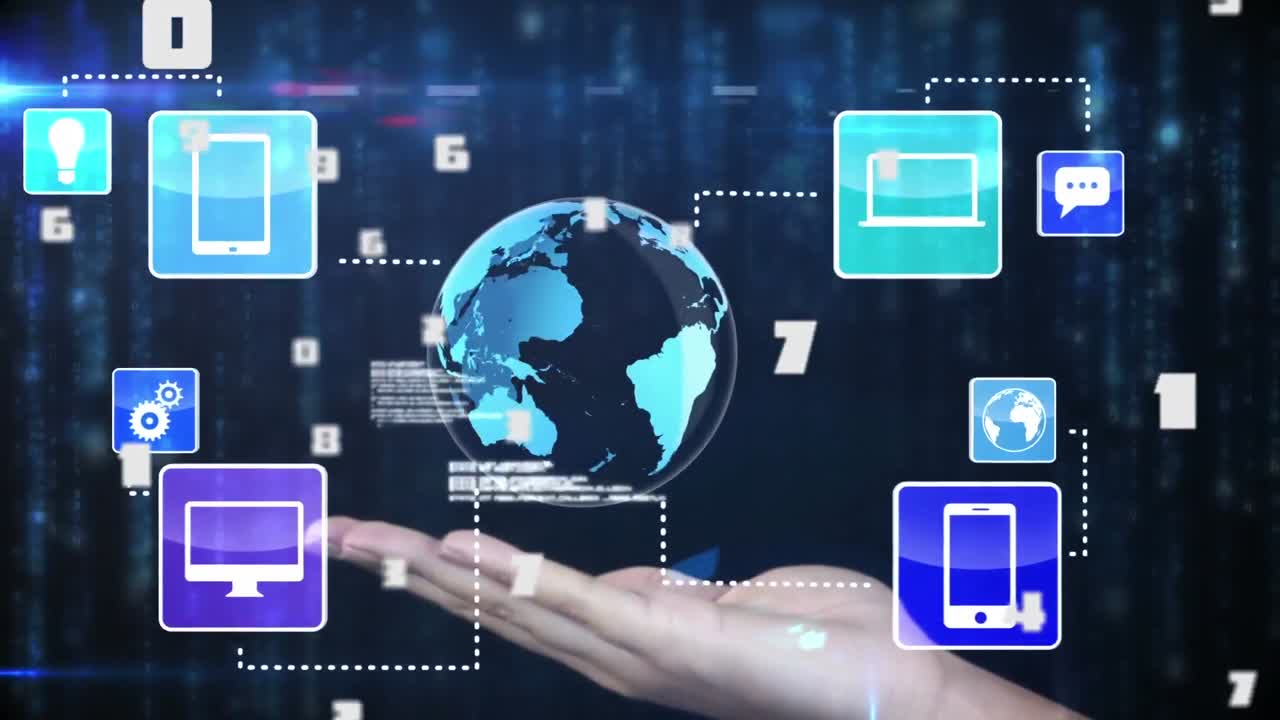 animación de una red de conexiones e iconos sobre el procesamiento de datos científicos en fondo negro