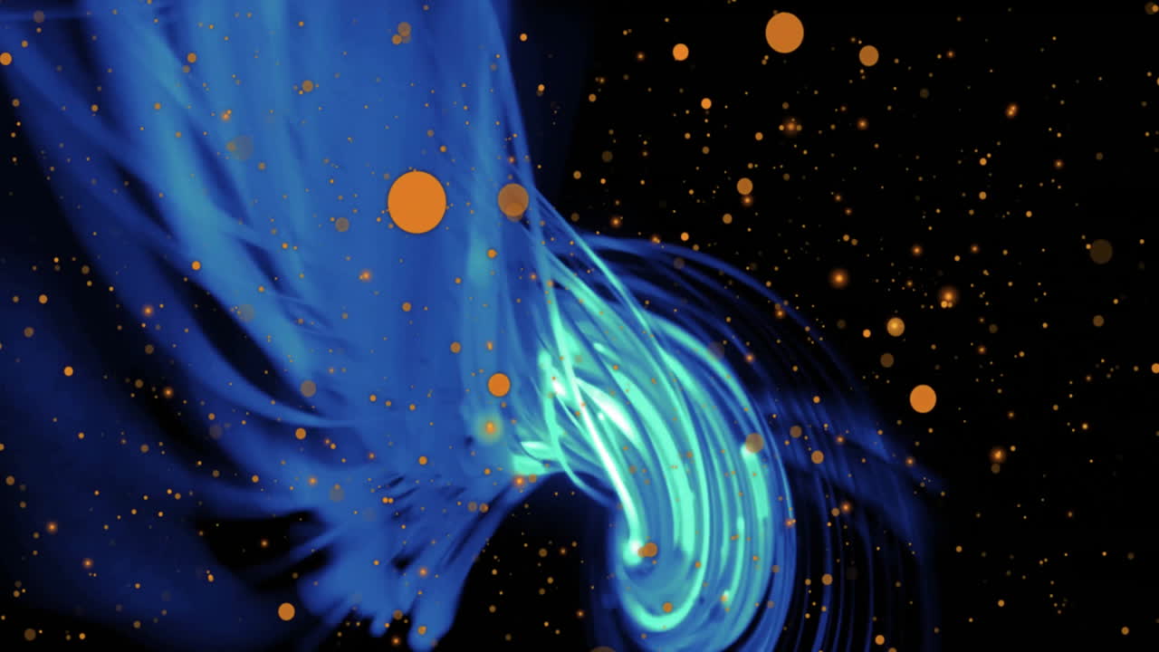 Flowing blue and green abstract animation with golden particles on black background