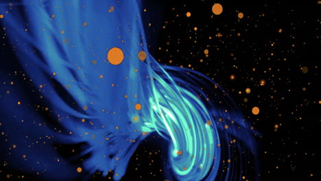 flowing blue and green abstract animation with golden particles on black background