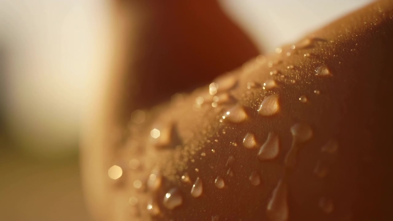 Extreme close-up of wet human skin with scattered droplets, glossy trails and warm golden rim light across smooth shoulder surface, forming sensual beauty texture and soft luminous detail