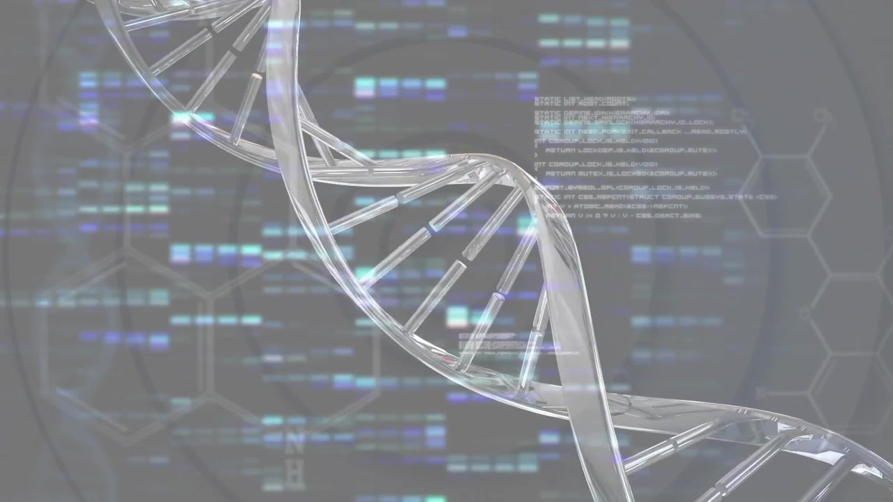 On startup DNA helix rotating in hex grid and pulsing light while visualizing sequencing code