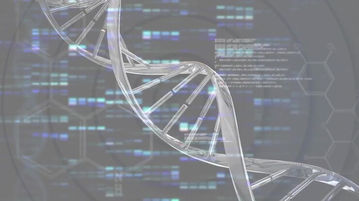 On startup DNA helix rotating in hex grid and pulsing light while visualizing sequencing code
