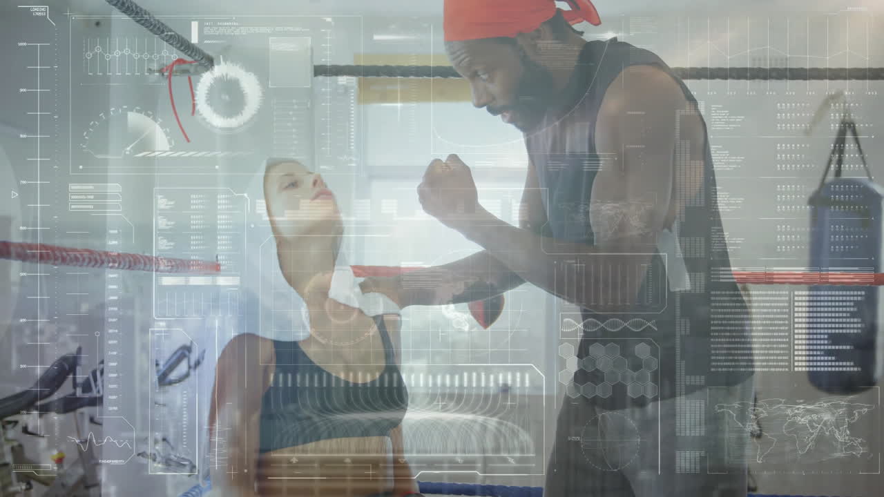 female boxer resting towel-draped corner, male trainer coaching with HUD overlaying fitness data