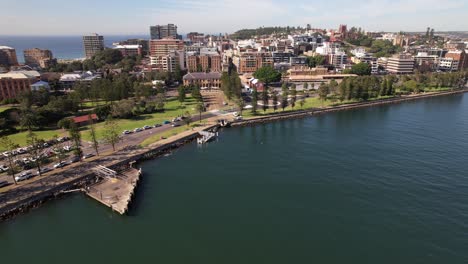 foreshore park and built structures by the hunter river in newcastle, nsw, australia. aerial shot