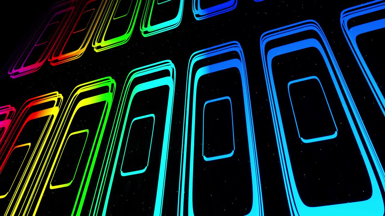 vj abstracto ciencia ficción futurista bg. volar sobre holograma multicapa 3d patrón complejo. gradiente de color arco iris de luz de neón. vista isométrica. formas simples patrón periódico. como en la cinta transportadora. rectángulos