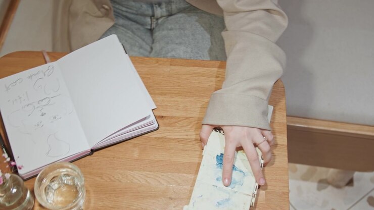 Close up of person hand interacting with watercolor paints on palette surrounded by sketchbook and glass containers. scene features soft lighting in indoor workspace setting with visible