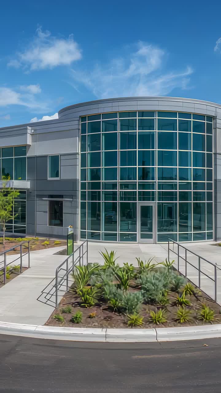 Vertical video: Moving camera approaching glass facade entrance at plaza, revealing succulents