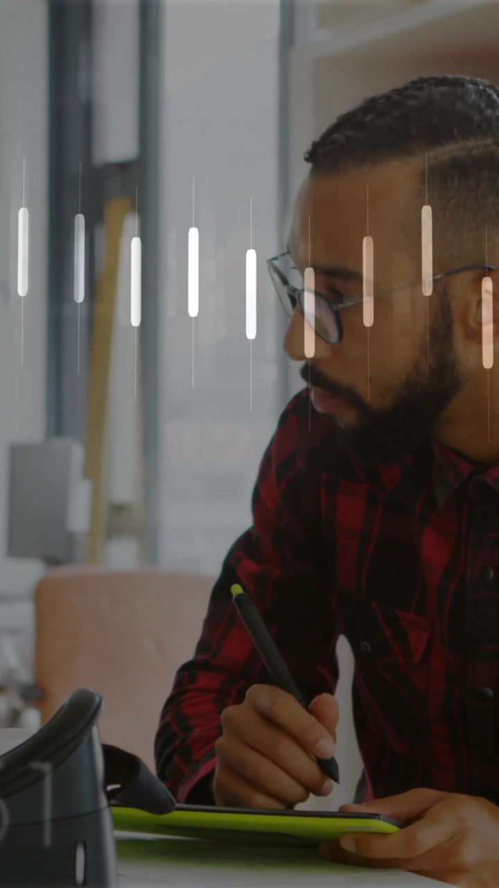 Animation of data processing and diagrams over man using tablet