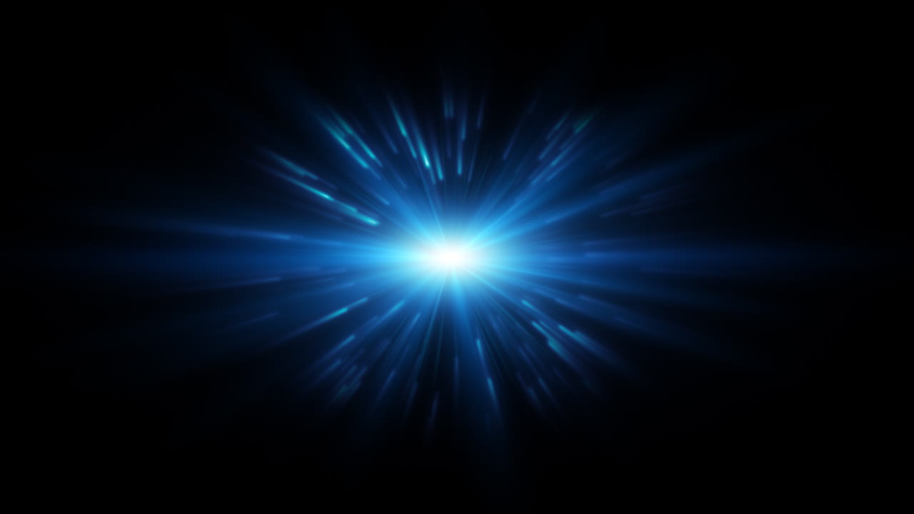 Pulserende blå lysstråler og optisk linseflare-effekt.