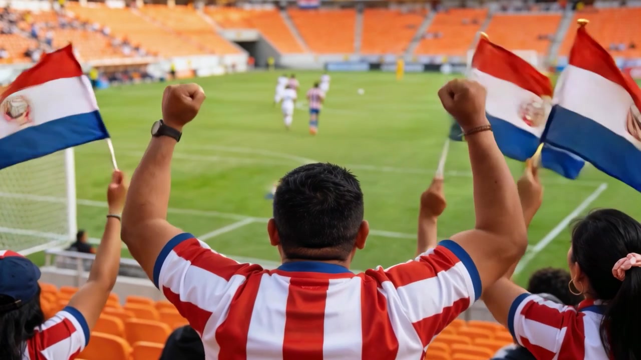 Homem torcendo com camisa listrada nas arquibancadas inferiores levantando os punhos enquanto os jogadores se aproximam do gol, com bandeiras tremulando.