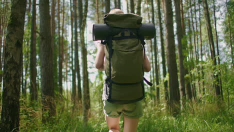 a close-up of a woman leg a view from the back of a woman walks along a forest road with a backpack through a pine forest through the grass