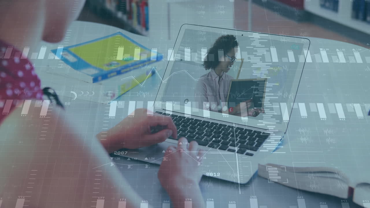 Student using laptop for online education, tutor appearing on screen holding tablet, chart floating