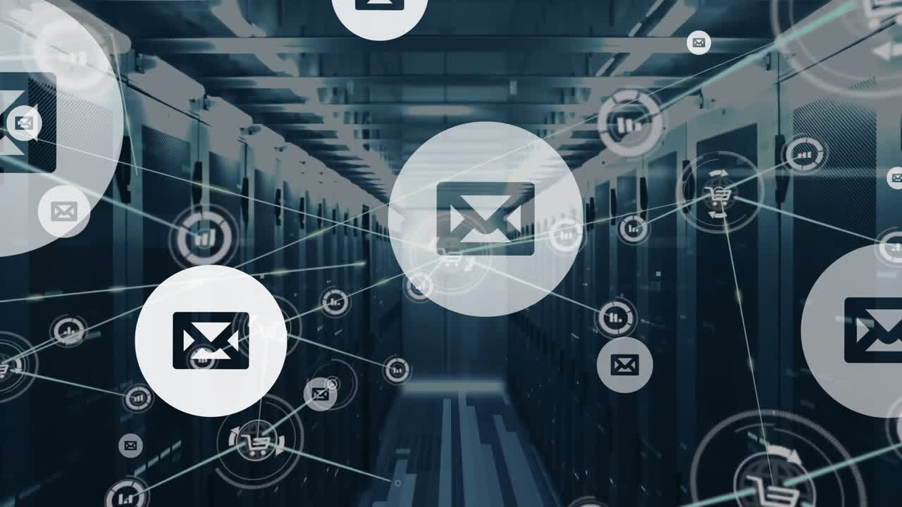Animation of network of shopping carts and data with email icons over computer server room