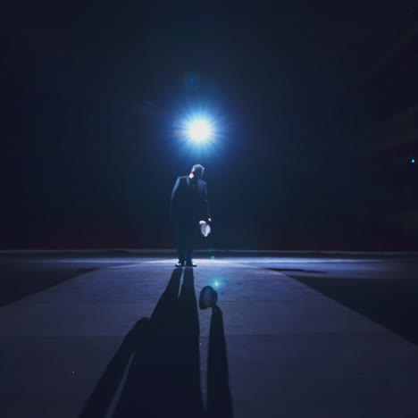 elegant man on stage. dark silhouette of a stylish man wearing hat performing on the scene in theatre at spotlight. view from the stage.