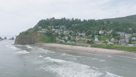 Endless-stretch-of-sand,-dotted-with-seabirds-and-surfers