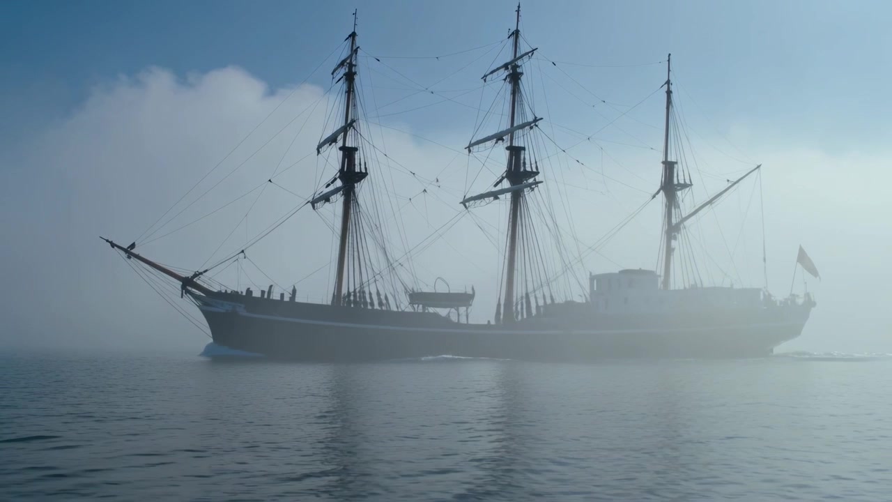 Ein Großsegler taucht aus dünner werdendem Nebel auf, bewegt sich mit gerefften Segeln über Küstengewässer, die Besatzung navigiert.