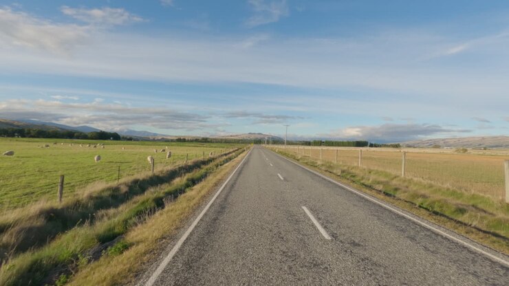 Strada di campagna panoramica attraverso campi rurali nel South Otago, Nuova Zelanda