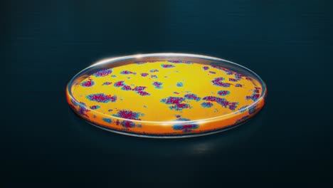 3d-render-of-a-yellow-bacteria-culture-evolving-in-petri-plate,-forming-blue-and-red-patterns,-animation-of-a-medical-research-experiment-in-medical-lab