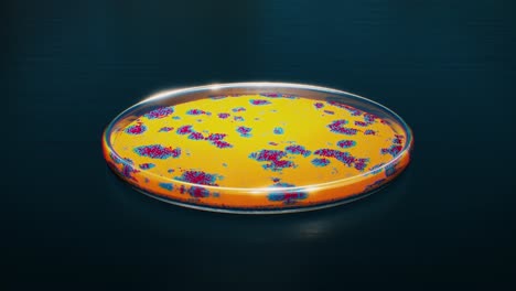 3d render of a yellow bacteria culture evolving in petri plate, forming blue and red patterns, animation of a medical research experiment in medical lab