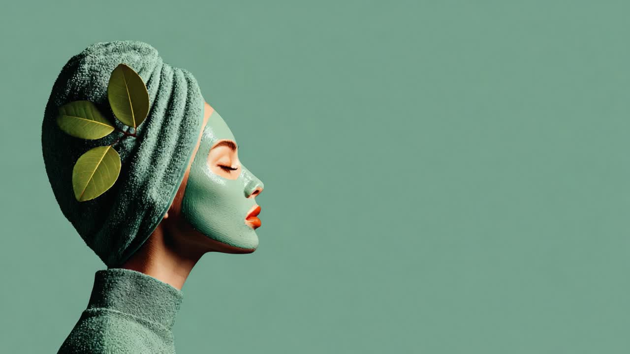 Ritual de Beleza Sereno: Uma Mulher Desfruta de um Tratamento Facial com Máscara de Argila Verde, Turbante e Elementos Naturais, Transmitindo Calma e Autocuidado