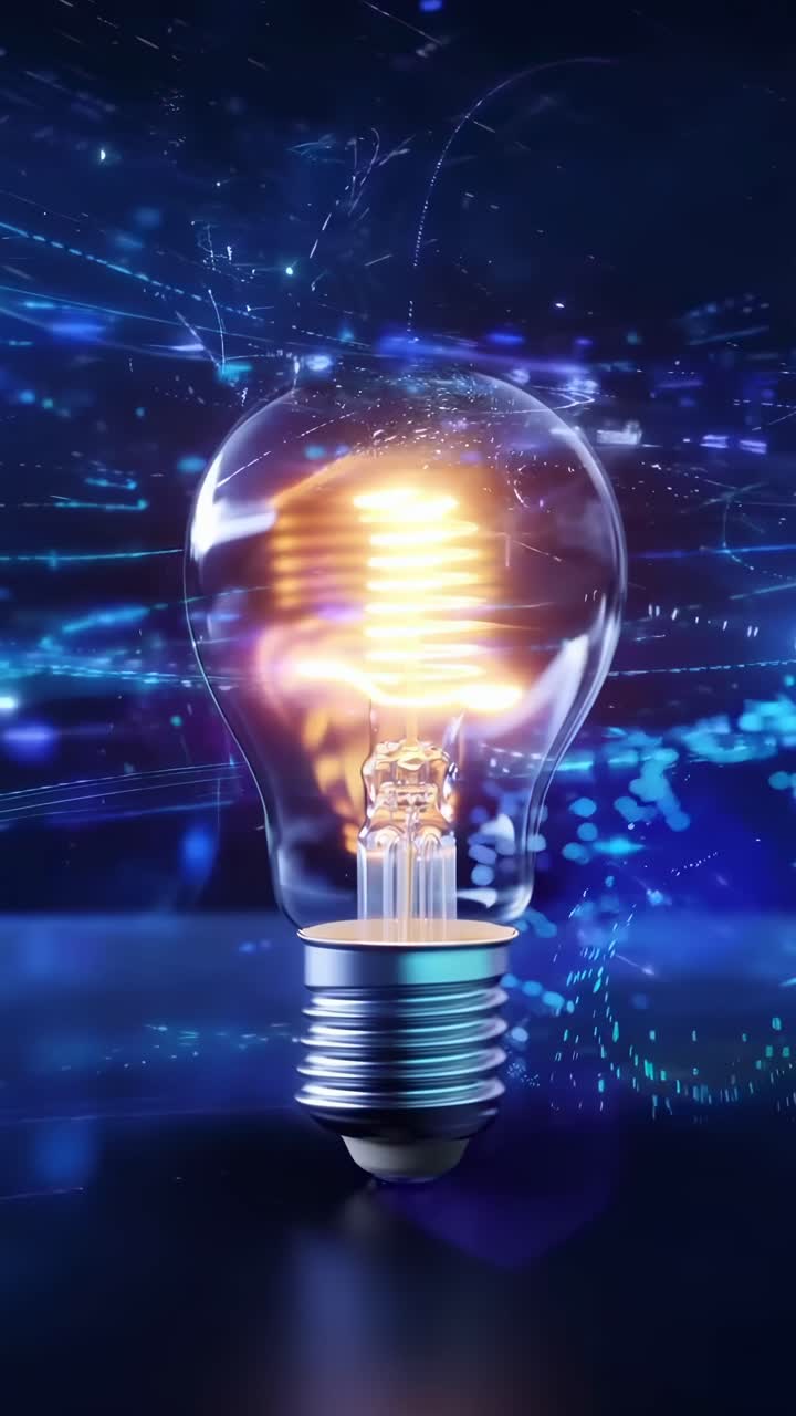 Nærbillede engel af en glødende lyspære med digitale effekter, der ligner en futuristisk video