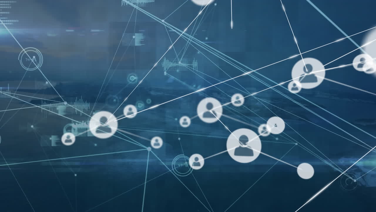 Animation of profile icon connected with lines over soundwaves and programming language