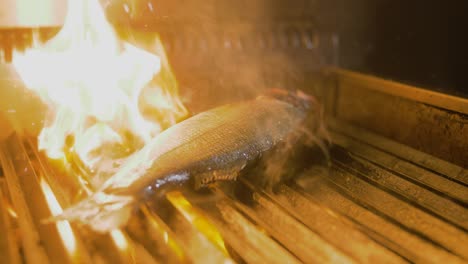 fish gets grilled and flames fly out