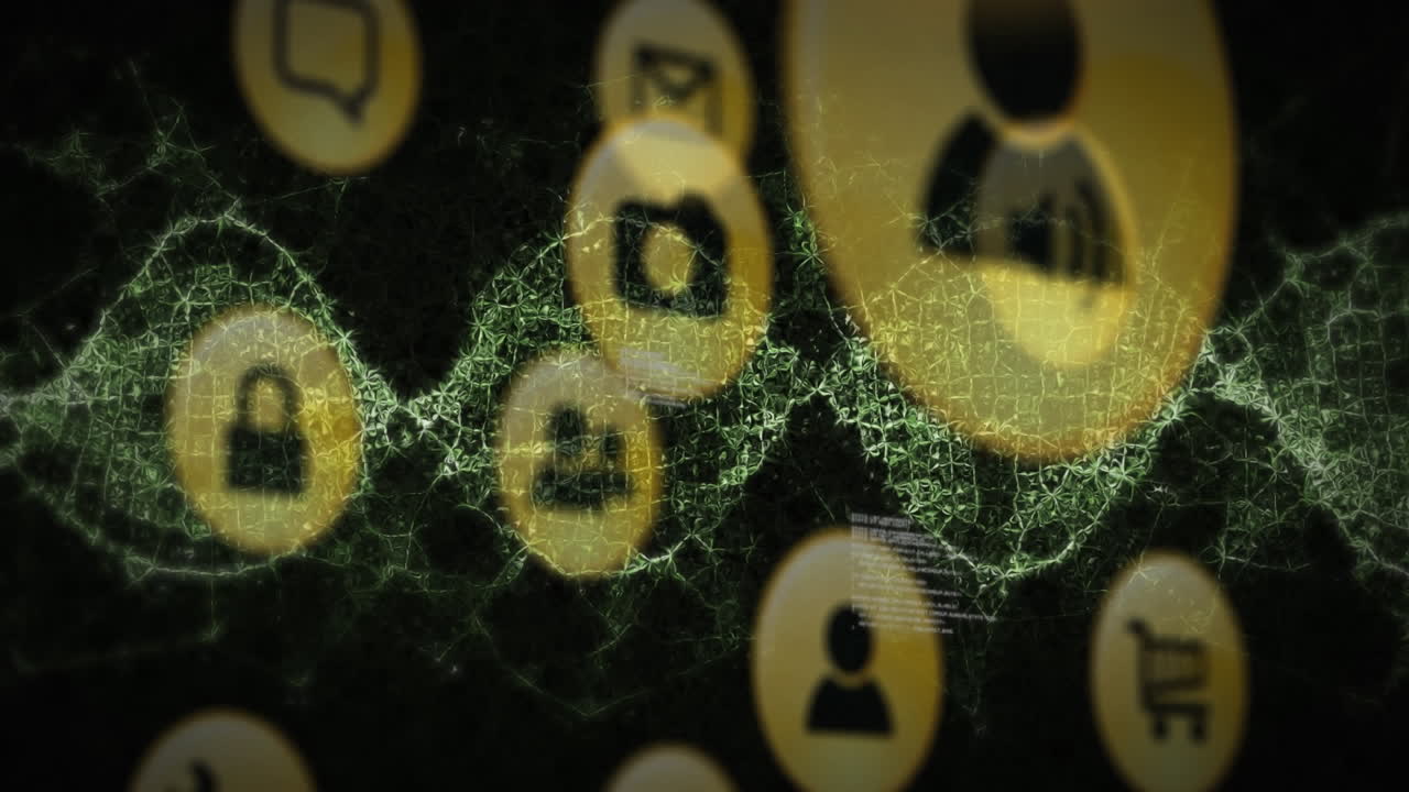 Animation of green digital wave over digital icons and data processing on black background