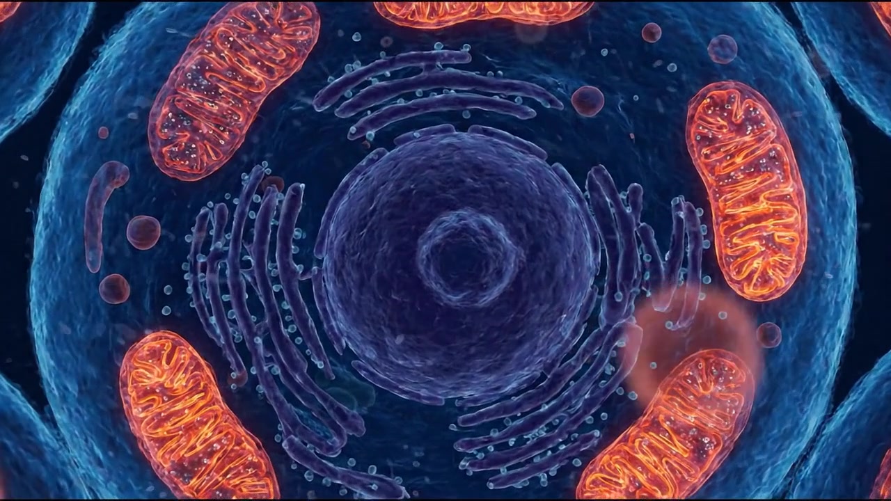 Vista al microscopio della struttura cellulare biologica con mitocondri