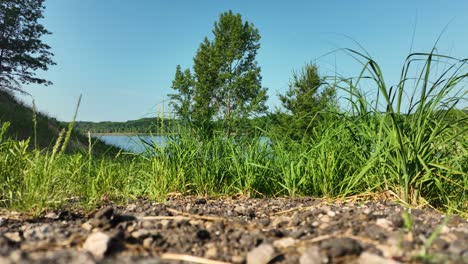 drone sitting on the gravel lot overlooking the scenery.