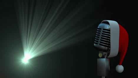 animation of retro microphone with santa hat over green spotlight